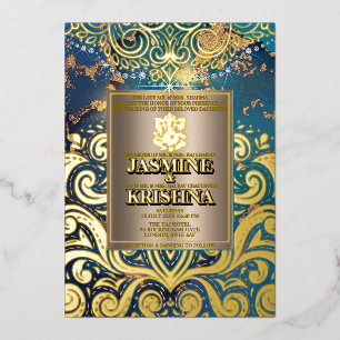 Invitación Con Relieve Metalizado LuxGlitter Azul Dorado Hindu Ganesha Boda India