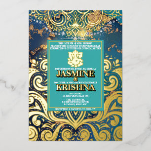 Invitación Con Relieve Metalizado LuxGlitter Azul Dorado Hindu Ganesha Boda India