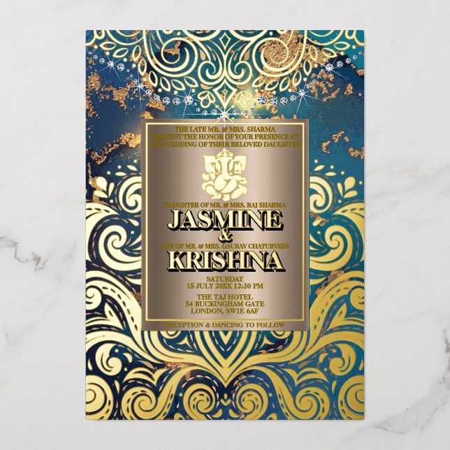 Invitación Con Relieve Metalizado LuxGlitter Blue Gold Hindu Ganesha Boda indio (Anverso)