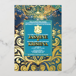 Invitación Con Relieve Metalizado LuxGlitter Blue Gold Hindu Ganesha Boda indio