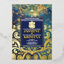 Invitación Con Relieve Metalizado LuxGlitter Blue Gold Hindu Ganesha Boda indio