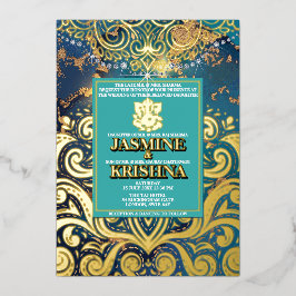 Invitación Con Relieve Metalizado LuxGlitter Blue Gold Hindu Ganesha Boda indio