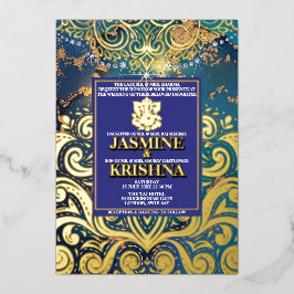 Invitación Con Relieve Metalizado LuxGlitter Blue Gold Hindu Ganesha Boda indio
