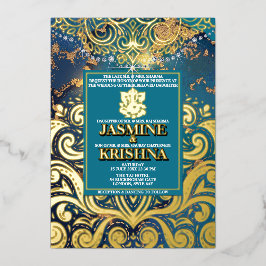 Invitación Con Relieve Metalizado LuxGlitter Blue Gold Hindu Ganesha Boda indio