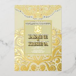 Invitación Con Relieve Metalizado LuxGlitter Ivory Gold Boda hindú Ganesha