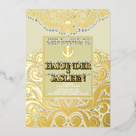 Invitación Con Relieve Metalizado LuxGlitter Ivory Gold Sikh Anand Karaj Boda