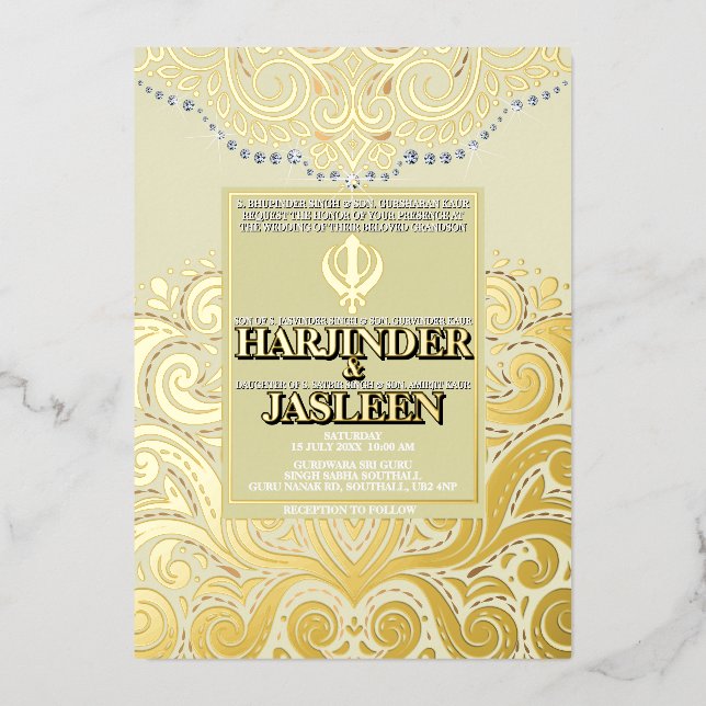 Invitación Con Relieve Metalizado LuxGlitter Ivory Gold Sikh Anand Karaj Boda (Anverso)