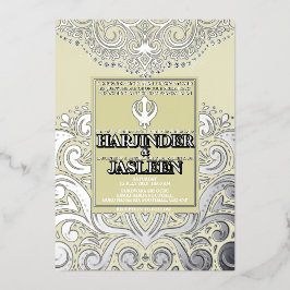 Invitación Con Relieve Metalizado LuxGlitter Ivory Silver Sikh Anand Karaj Boda