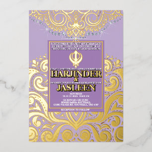 Invitación Con Relieve Metalizado LuxGlitter Lavanda Boda Sikh Anand Karaj de Oro