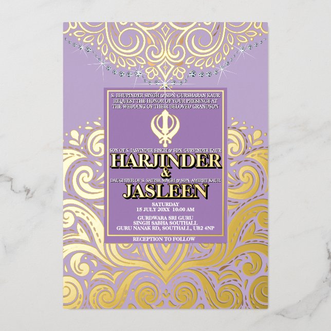 Invitación Con Relieve Metalizado LuxGlitter Lavender Gold Sikh Anand Karaj Boda (Anverso)
