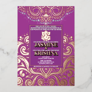 Invitación Con Relieve Metalizado LuxGlitter Morado RosaDorado Ganesha Boda Hindú