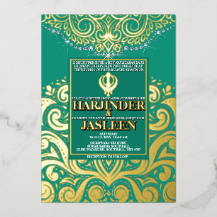 Invitación Con Relieve Metalizado LuxGlitter Pavo Real Oro Sikh Anand Karaj Boda