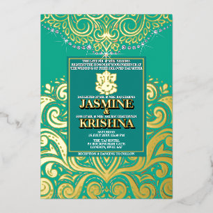 Invitación Con Relieve Metalizado LuxGlitter Pavón Dorado Ganesha Boda Hindú