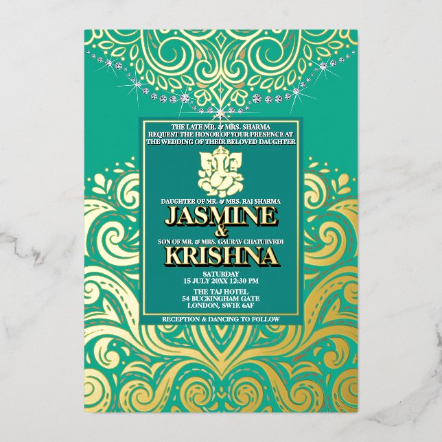 Invitación Con Relieve Metalizado LuxGlitter Peacock Gold Boda hindú Ganesha (Anverso)