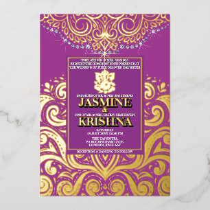 Invitación Con Relieve Metalizado LuxGlitter Púrpura Dorado Ganesha Boda Hindú