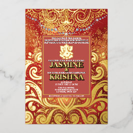 Invitación Con Relieve Metalizado LuxGlitter Red Gold Hindu Ganesha Boda indio
