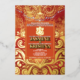 Invitación Con Relieve Metalizado LuxGlitter Red Gold Hindu Ganesha Indian