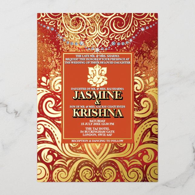 Invitación Con Relieve Metalizado LuxGlitter Red Gold Hindu Ganesha Indian (Anverso)