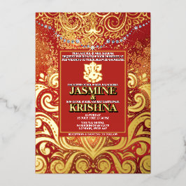 Invitación Con Relieve Metalizado LuxGlitter Red Gold Hindu Ganesha Indian