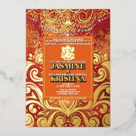 Invitación Con Relieve Metalizado LuxGlitter Red Gold Hindu Ganesha Indian