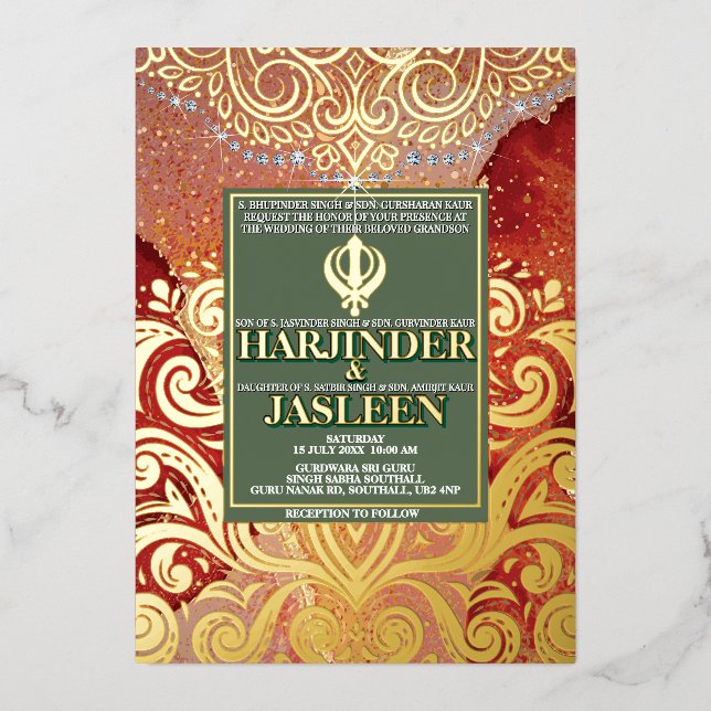 Invitación Con Relieve Metalizado LuxGlitter Red Sikh Anand Karaj Boda indio (Anverso)