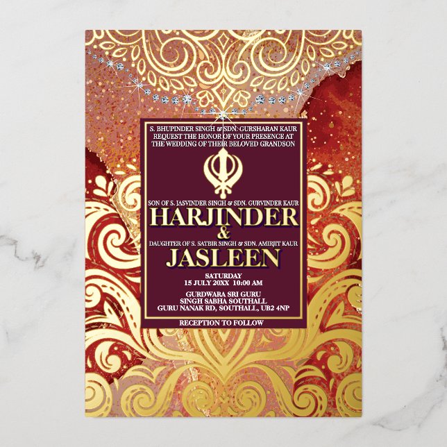 Invitación Con Relieve Metalizado LuxGlitter Red Sikh Anand Karaj Boda indio (Anverso)