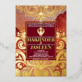 Invitación Con Relieve Metalizado LuxGlitter Red Sikh Anand Karaj Boda indio