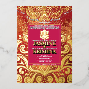 Invitación Con Relieve Metalizado LuxGlitter Rojo Dorado Hindú Ganesha Indio