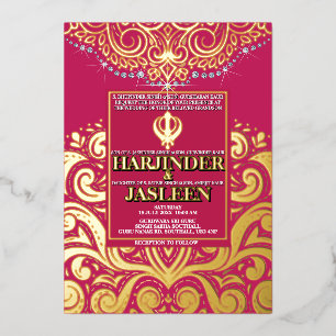 Invitación Con Relieve Metalizado LuxGlitter Rosa Dorado Boda Sikh Anand Karaj