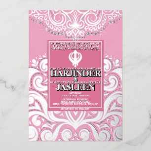 Invitación Con Relieve Metalizado LuxGlitter Rosa Plata Boda Sikh Anand Karaj