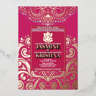 Invitación Con Relieve Metalizado LuxGlitter RosaRosado OroRosado Ganesha Boda Hindú