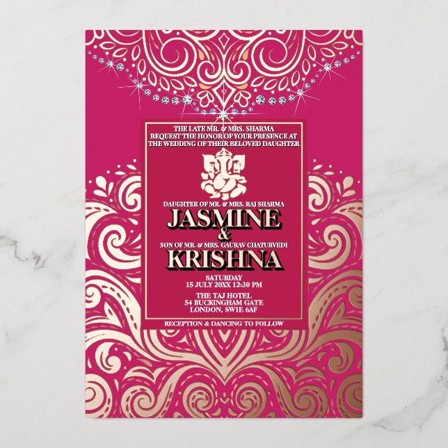 Invitación Con Relieve Metalizado LuxGlitter RosePink PinkGold Boda hindú Ganesha (Anverso)