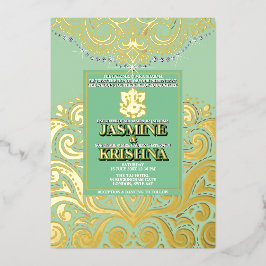 Invitación Con Relieve Metalizado LuxGlitter Sage Green Gold Boda hindú Ganesha