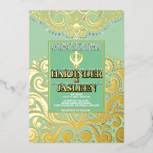 Invitación Con Relieve Metalizado LuxGlitter Sage Green Gold Sikh Anand Karaj Weddin