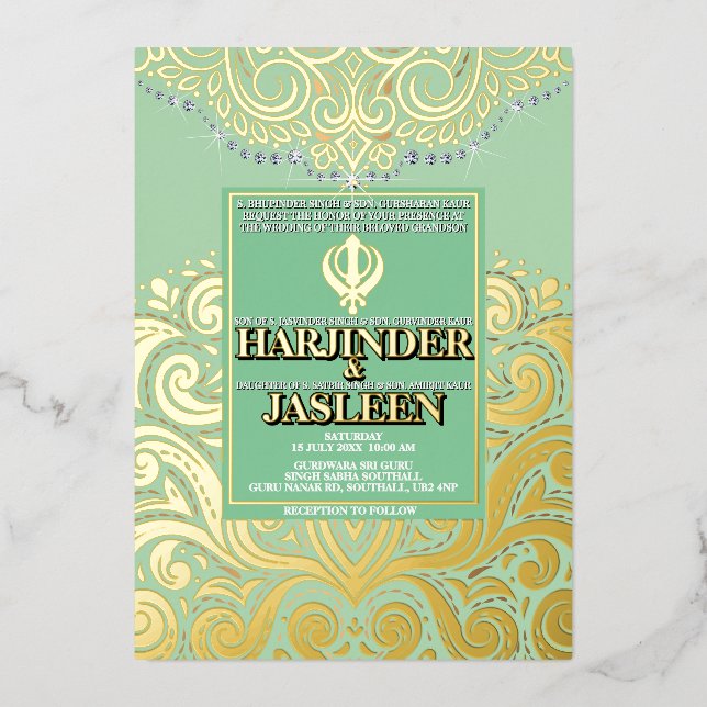 Invitación Con Relieve Metalizado LuxGlitter Sage Green Gold Sikh Anand Karaj Weddin (Anverso)