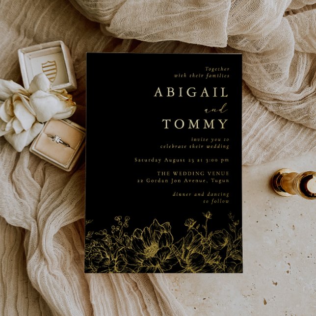 Invitación Con Relieve Metalizado Luxurious Golden Floral Modern Black Wedding Gold (Subido por el creador)