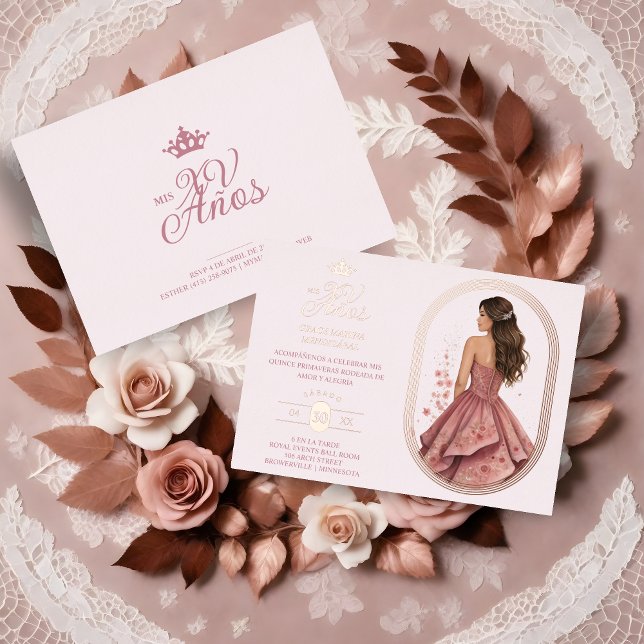 Invitación Con Relieve Metalizado Luxurious Rose Gold Oval Frame Charming MIs XV (Spanish Luxurious Rose Gold Oval Frame Charming Quinceañera Doll Illustration in Pink Shades.)