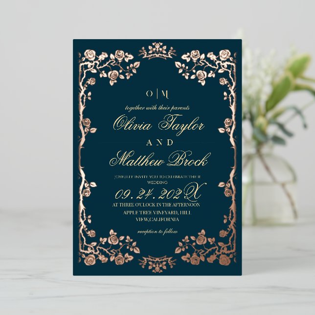 Invitación Con Relieve Metalizado Luxurious Teal Gold Foil Floral Wedding (Anverso de pie)