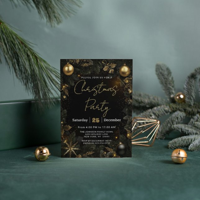 Invitación Con Relieve Metalizado Luxury Black & Gold Christmas Party Invitation (Subido por el creador)
