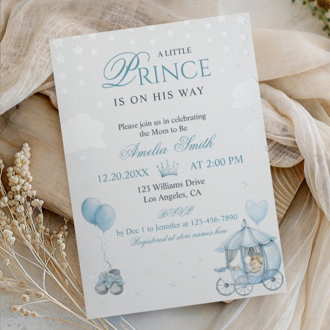 Invitación Con Relieve Metalizado Luxury Blue Little Prince Real Foil Baby Shower  (Subido por el creador)