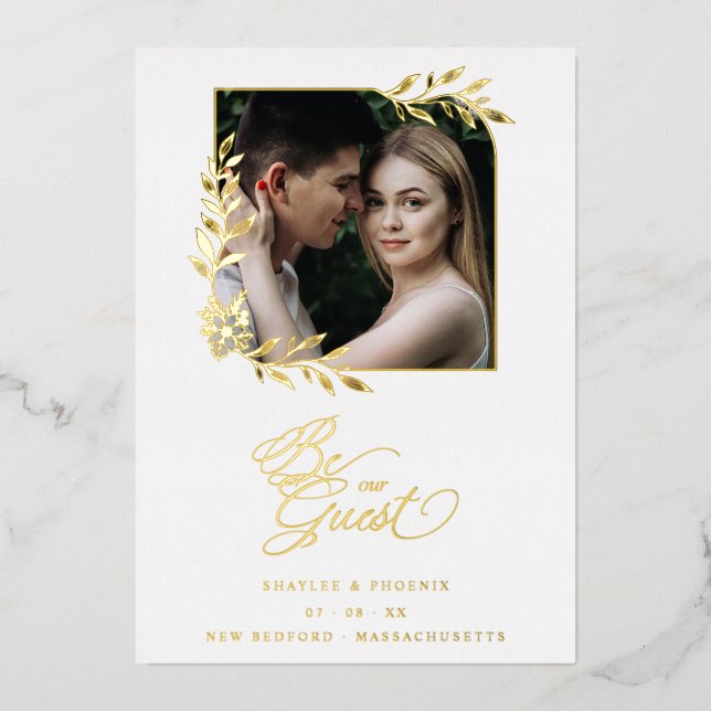 Invitación Con Relieve Metalizado Luxury Chic Golden Branches Frame Photo Wedding (Anverso)