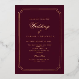 Invitación Con Relieve Metalizado Luxury Classic Burgundy Gold Frame Wedding