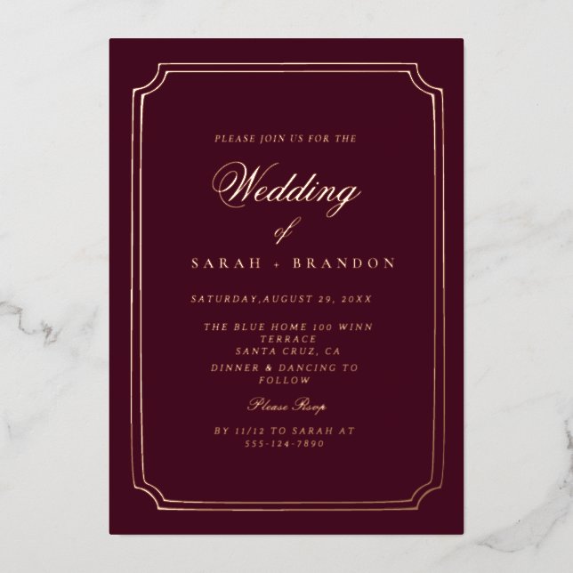 Invitación Con Relieve Metalizado Luxury Classic Burgundy Gold Frame Wedding (Anverso)