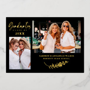 Invitación Con Relieve Metalizado Luxury Double Graduation Golden Branches 2 Photos