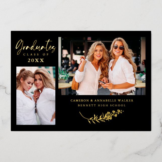 Invitación Con Relieve Metalizado Luxury Double Graduation Golden Branches 2 Photos  (Anverso)