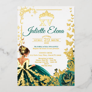 Invitación Con Relieve Metalizado Luxury Emerald Green & Gold Real Foil Quinceañera