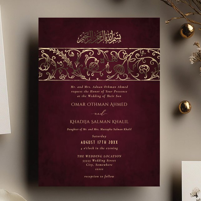 Invitación Con Relieve Metalizado Luxury Floral Burgundy & Gold Islamic Wedding (Subido por el creador)