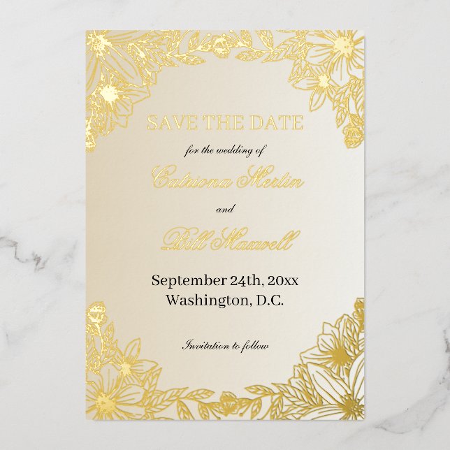 Invitación Con Relieve Metalizado Luxury Metallic Gold Floral Save The Date Card (Anverso)