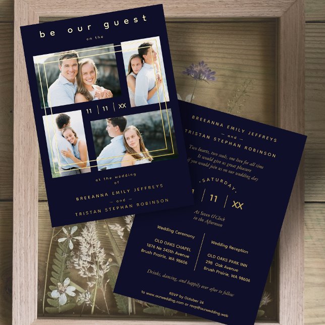 Invitación Con Relieve Metalizado Luxury Modern 4 Photos Collage Navy Blue (Subido por el creador)