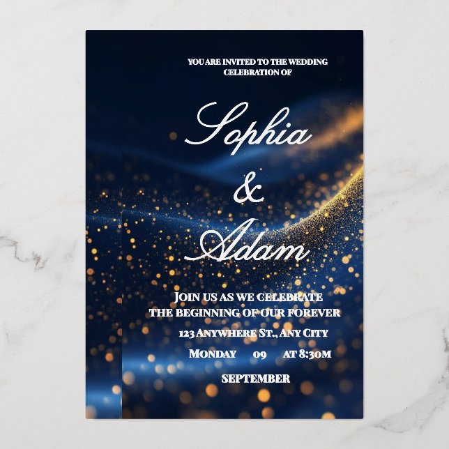 Invitación Con Relieve Metalizado Luxury Navy & Gold Bokeh Wedding Invitation (Anverso)